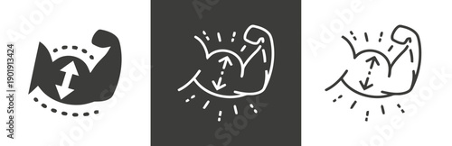 Strong arm icon, flexing bicep, representing strength, power and fitness, dotted lines indicate movement or muscle gain, outline and filled versions for sports.