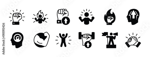 Strength and power icons set symbolizing energy motivation and success with muscles weights and fists representing determination resilience and achievement in endeavors