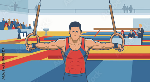 Gymnast Rings Performance
A flat vector illustration of a gymnast performing on rings. Strong upper-body pose, hanging rings visible. Flat vector style, strength and control theme.