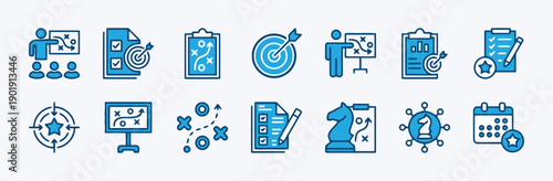 Strategy icons with chess pieces, target, clipboard, charts, calendar, flowchart, people teaching, sharing symbols, connection