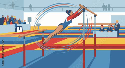 Gymnast Uneven Bars
A flat vector illustration of a gymnast swinging on uneven bars. Motion arcs and bars clearly visible. Flat vector style, athletic and dynamic.