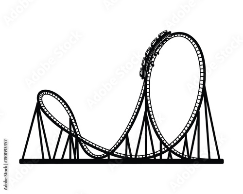 A black and white illustration of a roller coaster with a loop and corkscrew on a plain background