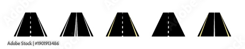 Stylized black road perspective views with white and yellow lane markings, representing different highway designs