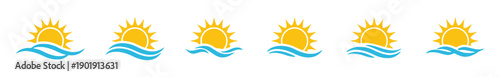 Sunrise over ocean waves icons, combining sun and sea elements, representing dawn, beginning, and coastal beauty, vibrant summer and vacation theme visuals for travel and leisure