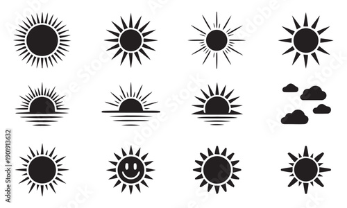 Sun and weather icons, sunshine and clouds, dawn and sunset symbols, solar energy signs, daylight, weather forecast, summer, nature, sky, celestial body icons