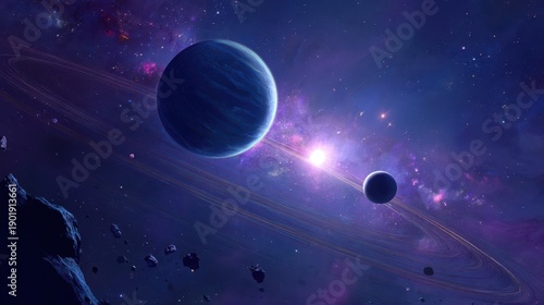 Celestial panorama of a faraway star system featuring exoplanets and glowing dust