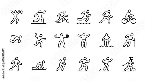 Iconic Sporting Activities: A comprehensive set of line icons illustrating various popular sports, offering a clean, modern aesthetic for diverse applications.
