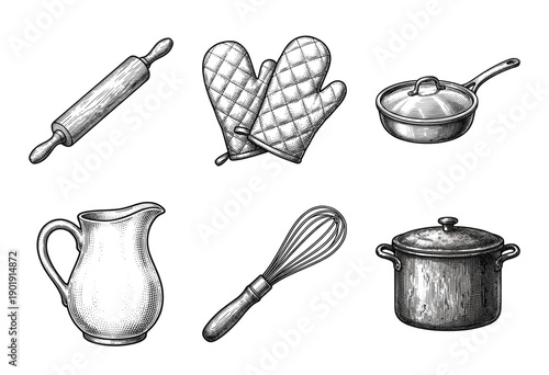 Set of kitchenware and cooking tool illustrations in a vintage woodcut engraving style featuring a rolling pin, oven mitts, pan, pitcher, whisk, and stockpot.