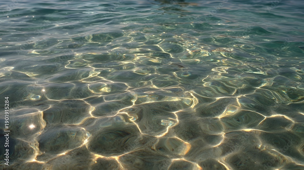 Fototapeta premium Sunlight creates shimmering geometric patterns on the clear surface of shallow ocean water