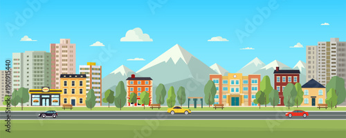Cityscape with a highway and cars against a backdrop of mountains. Residential buildings, offices, a fast food restaurant, and a road with cars. Vector illustration.