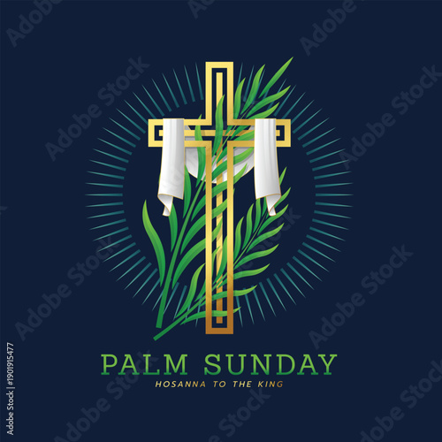 Palm sunday - Gold christian cross with white fabric hanging cross green palm leaves in line radiate circle around on dark blue background vector design