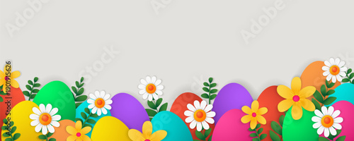 Easter eggs in a meadow with flowers against a transparent banner. Colorful Easter eggs, spring flowers, and daisies for a festive design. Vector illustration.