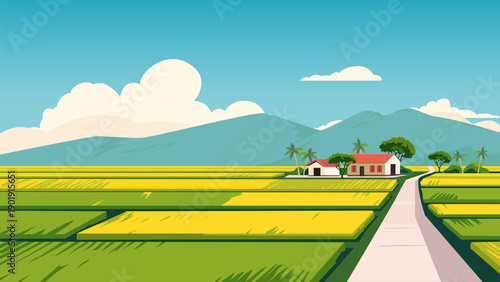 Rice fields with mountains in the background. Vector illustration of rice fields and a farm. Beautiful landscape of rice fields and tropical nature.