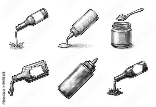 Vintage engraving style collection of condiment containers featuring bottles, jars, and squeeze dispensers for sauces and dressings.