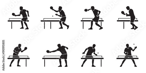 Table tennis players in action, diverse poses playing ping pong, dynamic serve and return, sports silhouettes, competitive game moments, close-up shots, team play graphics, indoor sport illustrations