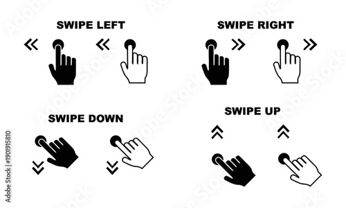 Swipe gestures collection for touch screen devices, showing left, right, down, and up movements with finger icons.