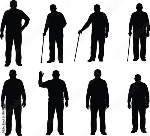Elderly man silhouette set, senior male walking with cane, retired person standing and waving, grandfather character icons, old age health vector design elements.