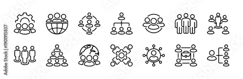 Team structure and organizational hierarchy line icons showing group management and global network connections for corporate leadership and workforce diversity in thin stroke vector illustration