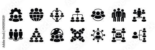 Team management and corporate structure solid icons pack showing leadership hierarchy and global business network for professional application development and workforce organization concepts set