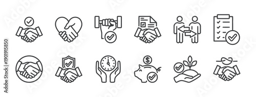 Teamwork and agreement icons with handshakes, partnerships, agreement documents, trust, time management, financial piggy bank, and plant growth for business and collaboration concepts.