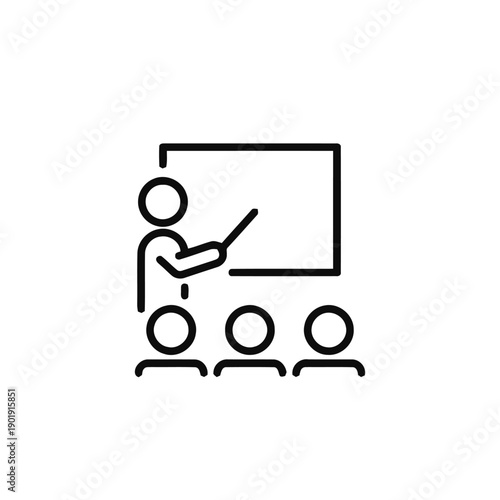 Teacher instructing students in classroom setting, pointing at whiteboard presentation, educational concept of learning and knowledge sharing.