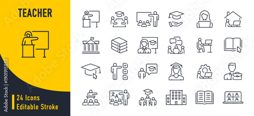 Teacher and education icon set, including teachers, students, classroom, books, graduation, online learning, lectures, presentations, school building, teaching board, editable stroke graphics