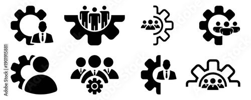 Teamwork and management icons featuring gears and people silhouettes representing collaboration cooperation and organizational structure business process concept graphic elements