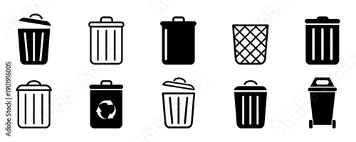 Ten trash can and bin icons for waste, garbage, recycling, and disposal services in various styles and colors, representing cleanliness and environment