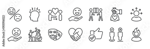 Thin line icons depicting emotions, empathy, social connection, and support, illustrating happiness, sadness, mental health, helping hands, and various human interactions for modern design