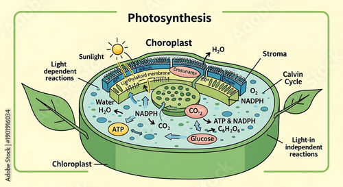 Detailed illustration of photosynthesis process in chloroplast with labeled components and sunlight