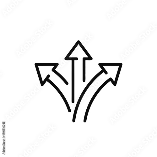 Three arrows diverging from a single point. Represents choices, direction, branching, or strategy. Icon for diversification or multiple paths. Simple line art.
