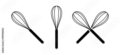 Three black wire whisks, kitchen utensil icons in different angles and orientations, baking and cooking tool graphics, culinary equipment illustrations for design