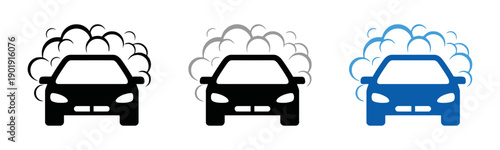 Three car wash icons featuring a vehicle covered in soap bubbles, presented in black, grey, and blue color variations, perfect for service advertising and auto care visuals