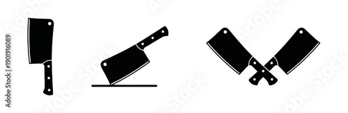 Three cleaver knife icons in different orientations and arrangements, depicting culinary tools food preparation and kitchen equipment collection kitchenware professional chef tool kitchen utensil