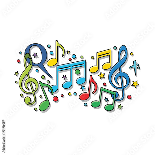A colorful illustration of assorted musical notes and stars on white