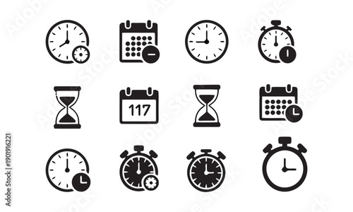 Time related icons and symbols set featuring clocks stopwatch calendar hourglass for schedule management and deadline tracking vector illustration