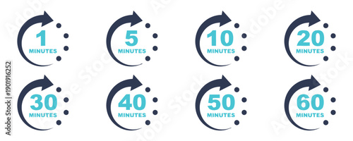 Timer icons set for one five ten twenty thirty forty fifty and sixty minutes isolated vector illustration collection with arrows and dots