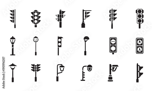 Traffic light icons set black signal pole street light control system intersection road safety caution warning direction transport