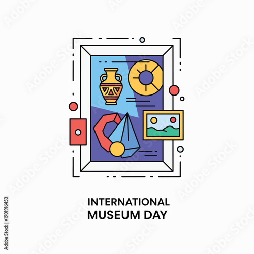 A colorful graphic celebrating International Museum Day with various art pieces