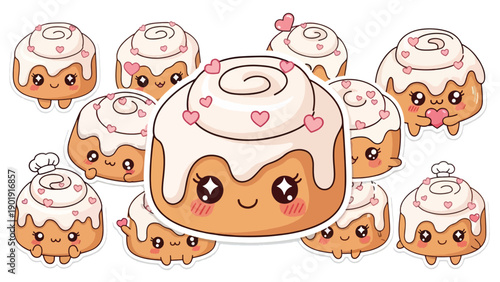A delightful collection of kawaii cinnamon rolls with cute smiling faces and pink heart decorations. Sweet pastry illustration for baking, treats, and fun designs.