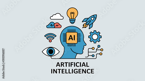 AI Innovation: A graphic representation of artificial intelligence showcases a human head filled with innovative symbols, indicating the dynamic world of technological advancement.