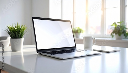 Wallpaper Mural Clean office desk with laptop and coffee cup in sunlight Torontodigital.ca