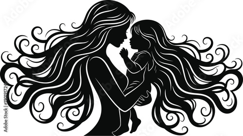 Stylized mother holding child silhouette, artistic swirling hair design, emotional family connection, maternal love vector artwork, flat vector illustration