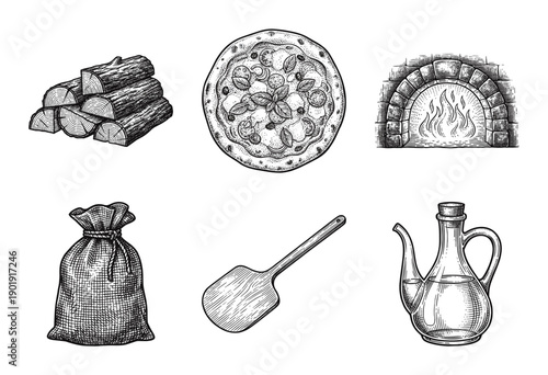 Traditional wood fired pizza preparation collection featuring hand drawn engraving style illustrations of artisanal ingredients and cooking tools