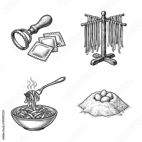 Set of hand drawn vintage engravings featuring pasta making tools, ravioli cutter, drying rack, and fresh ingredients for Italian cuisine.
