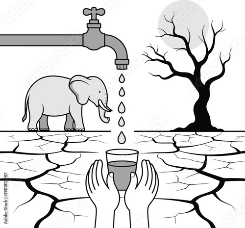 Symbolic black and white illustration of drought and water scarcity with cracked earth, dry tree, elephant, faucet dripping water into hands holding glass, environmental conservation concept