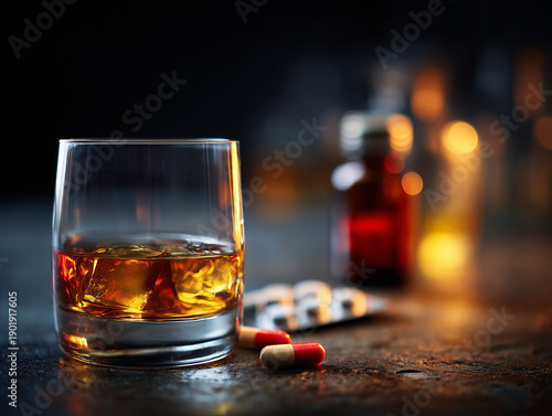 Alcohol and Prescription Medication Interaction Risk Concept Showing Health and Safety Warning