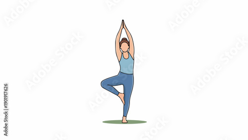 A woman in blue yoga outfit standing on one leg
