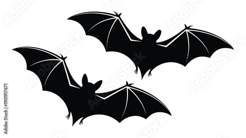  Stylized black bat silhouettes in flight with detailed wing lines and pointed ears, gothic nocturnal animal illustration for Halloween, spooky decoration, fantasy creature, and nature design
