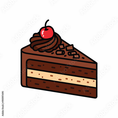 A cartoonish slice of chocolate cake with cream and cherry